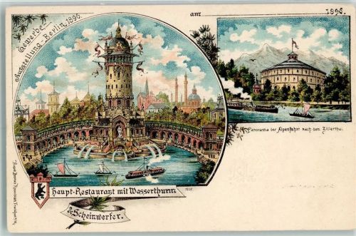 Berlin Mitte 1896 Gewerbe-Ausstellung Haupt-Restaurant mit Wasserturm Panorama der Alpenfahrt nach dem Zillertal