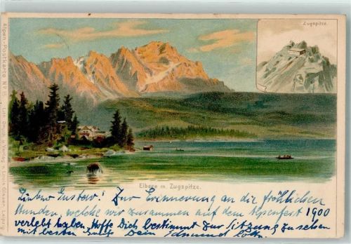 Eibsee 1900 Eibsee mit Zugspitze Lithographie Alpen-Postkarte Nr. 15