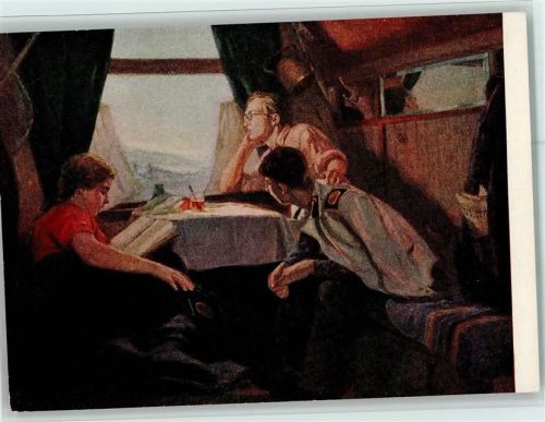 Buch lesen im Eisenbahnabteil AK Kunst Russland Künstlerkarte