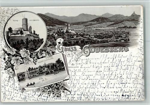 Bad Godesberg 1897 Gruss aus - Kurgarten mit Fontaine, Ruine, Total AK