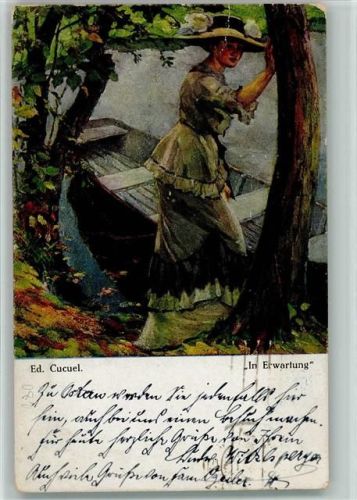 1919 sign Ed. Cucuel - In Erwartung - Frau am Ruderboot wartet AK