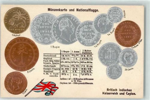 Münzen auf AK Nationalflagge Britisch indisches Kaiserreich