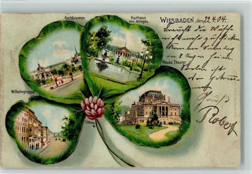 Wiesbaden 1904 Wilhelmstraße Kochbrunnen Kurhaus mit Anlagen Neues Theater Vierblättriges Kleeblatt