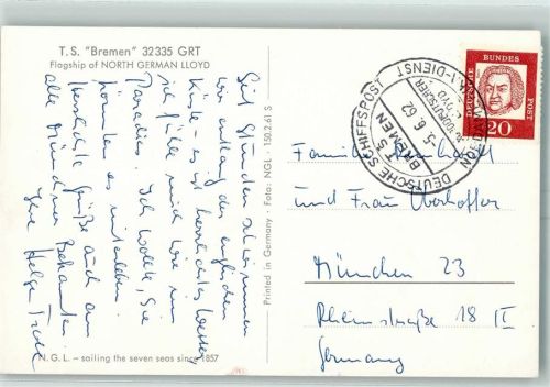 Dt. Schiffspost T.S. Bremen 5.6.62 Nordd. Lloyd Nordamerika Dienst