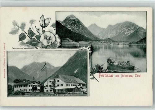 Pertisau Blick nach Pertisau Achensee Ruderboot Gasthaus zum Pfändler am Achensee