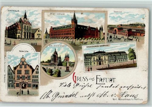 Erfurt 1902 Rathaus Hohe Lilie Dom Severi-Kirche Post-Gebäude Bahnhof Regierungs-Gebäude Lithographie
