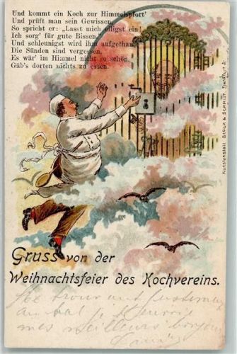 1901 Weihnachtsfeier des Kochvereins - Koch beim Petrus im Himmel AK