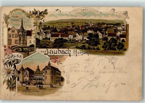 Laubach Lithographie Vorläufer Druck 1890-1895 Kriegerdenkmal Gräfliches Schloss