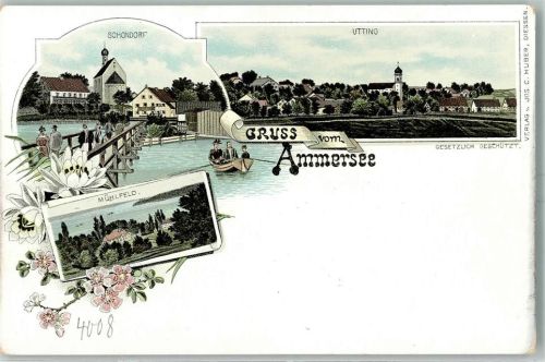 86938 W8913 Schondorf , Ammersee Lithographie Schondorf Utting Mühlfeld Ammersee Ruderboot