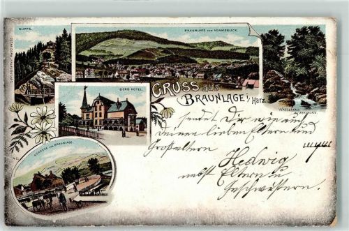 Braunlage Klippe Adamsblick Wasserfall Berg Hotel Straße Gruss Lithographie