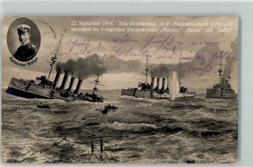 1914 WK I U 9 vernichtet 3 engl. Panzerkreuzer AK