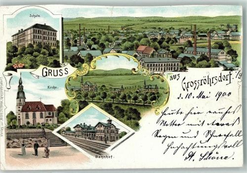 01900 O8501 Großröhrsdorf , OL 1900 Gebrauchsspuren Schule Kirche Bahnhof Lithographie