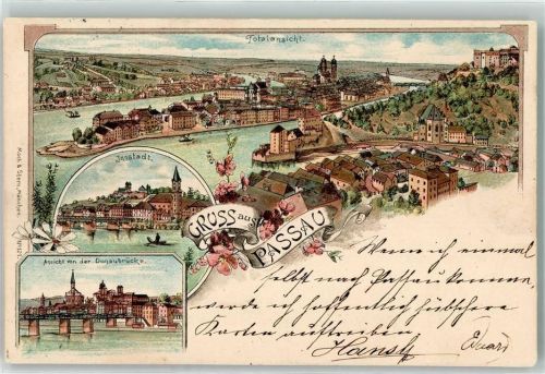 Passau 1899 Innenstadt Blick von der Donaubrücke