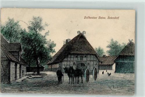 Hetendorf 1910 Bauernhof Bes. Heine Scheune Pferdefuhrwerk Hühner signiert