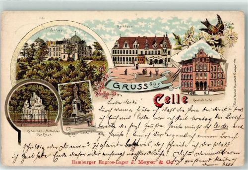 Celle 1899 Real-Schule Karolinen-Mathilden-Denkmal Rathaus Kriegerdenkmal Lithographie