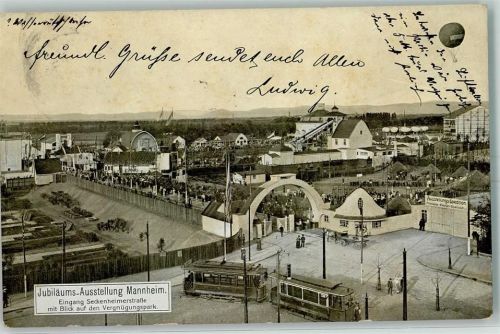 Mannheim 1907 Jubiläums-Ausstellung Eingang Seckenheimerstraße mit Blick auf den Vergnügungspark Straßenbahn Ballon