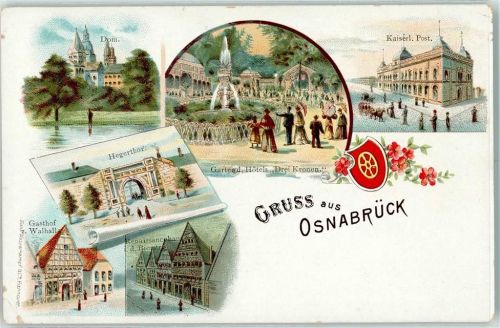 Osnabrück Lithographie Vorläufer Druck 1890-1895 Dom Garten des Hotels Drei Kronen Kaiserl. Post Hegertor Gathof Walhalla Renaissancehaus in der Bierstraße