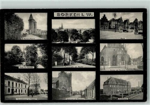 Borken Altertums-Museum Partie am Papendiek Vorstadtstraße mit Postamt Promenade am Neutor Wallstraße mit Römerturm Markt Brunnen und Pfarrkirche Kreishaus