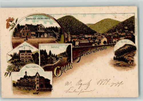 Friedrichroda 1900 Gruss aus - Bahnhof, Gasthaus Heuberg AK