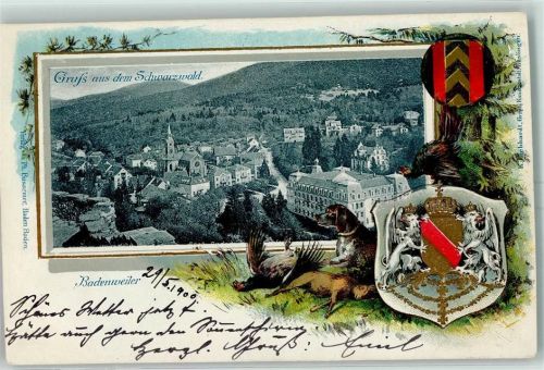 Badenweiler 1900 Jagdhund Auerhahn Hase Wappen Passepartout Lithographie