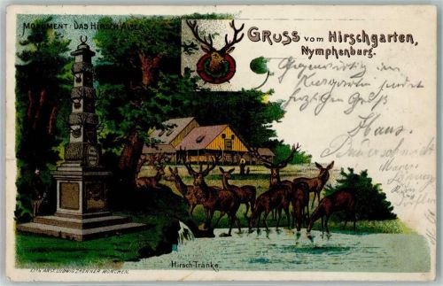 80331 W8000 Nymphenburg Gebrauchsspuren Hirschgarten Hirschtränke Das Hirsch Alter-Monument Hirsche und Rehe Verlag Lud. Zrenner