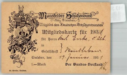 O4250 Lutherstadt Eisleben Mansfelder Schützenbund Mitgliedskarte Schützenverein 1931 KEINE AK