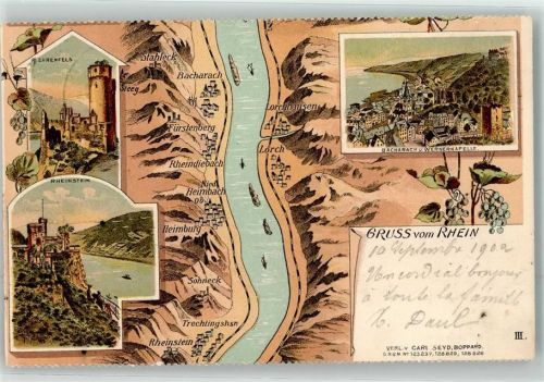 Lorch 1902 Vogelschau Ehrenfels Rheinstein Bacharach u. Wernerkapelle