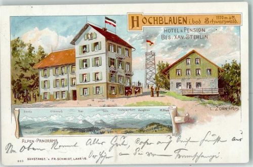 Hochblauen 1902 Hotel Pension Hochblauen Besitzer Xav. Stehlin Alpen-Panorama sign L. Zorn