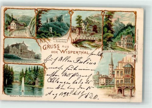 65391 W6223 Lorch , Rheingau 1898 Lithographie Burg Geroldstein Kurhaus Bad Schwalbach Riesenmühle Kurpark Weiher
