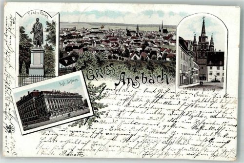 Ansbach 1895 Vorläufer Druck 1890-1895 Graf v- Platen-Denkmal Kgl. Schloss Oberer Markt