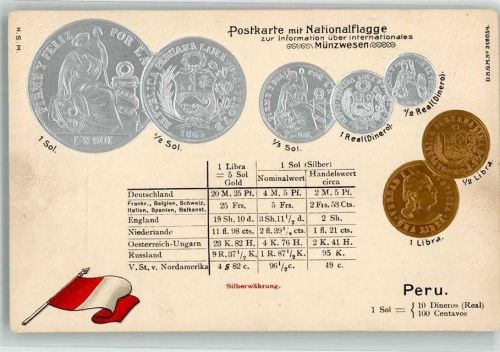 Münzenkarte und Nationalflagge Münzabbildungen Geld auf AK Lithographie