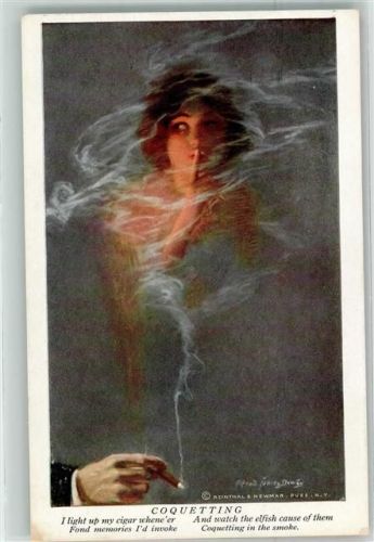 Nr. 670 Zigarre Rauchen Frauenbild Coquetting sign. Alfred James Dewey Reinthal u. Newman Künstlerkarte