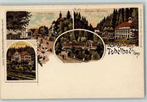 Tobelbad 1898 Gruss aus - Kurplatz, Aktienhaus, Wandelbahn, Kaltes Bad AK