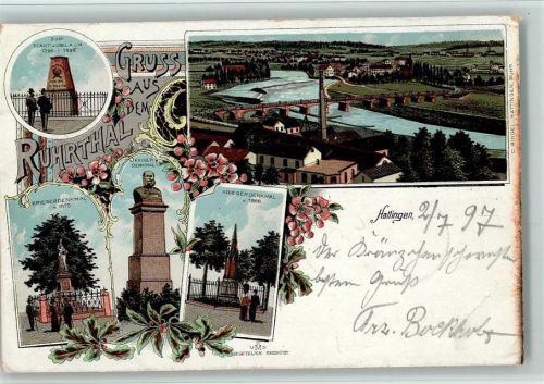 Hattingen 1897 Gruss aus - Ruhrtal - 4 x Kriegerdenkmal - Bahnpost Vohwinkel-Hagen Zug 810 2.7.97 AK