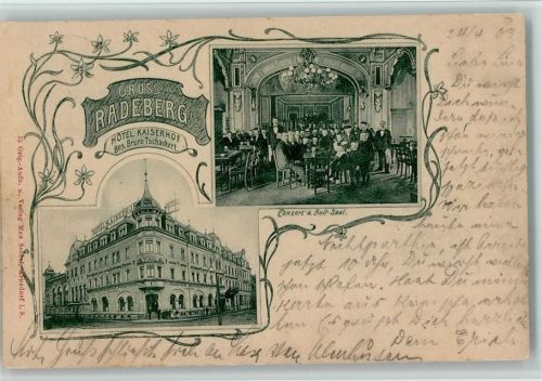 Radeberg 1903 Jugendstil Ornamente - Hotel Kaiserhof mit Innenansicht, Veranstaltung AK