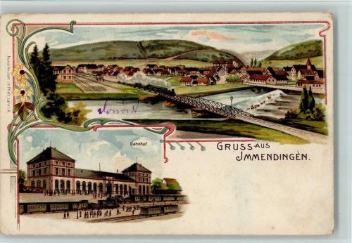 Immendingen Gruss aus - Bahnhof, Eisenbahnbrücke mit Eisenbahn
