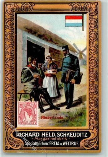 Schkeuditz Margarinefabrik Richard Held Serie Briefträger aus Niederlande Briefmarke und Fahne Schmuckrahmen AK