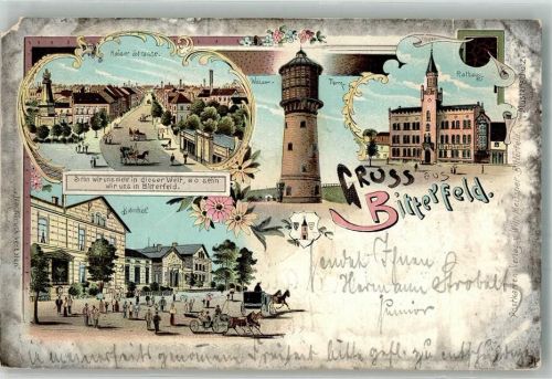 Bitterfeld 1901 Rathaus Wasserturm Bahnhof Kaiser Strasse Lithographie