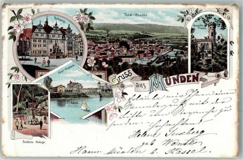 Münden 1899 Lithographie Rathaus Seidlers-Anlage Forst-Akademie