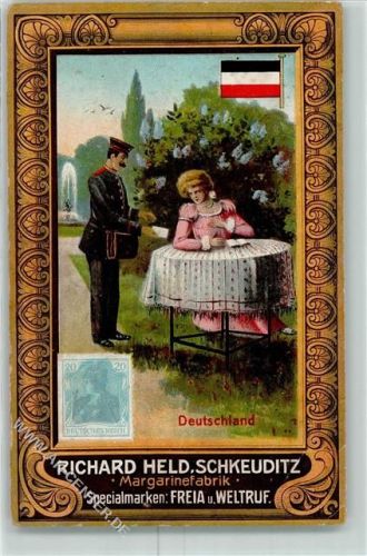 Schkeuditz Margarinefabrik Richard Held Serie Briefträger aus Deutschland Briefmarke und Fahne Schmuckrahmen AK