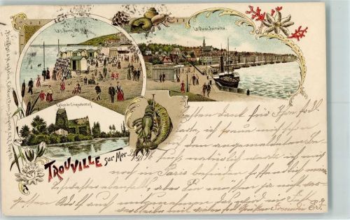 76210 Trouville 1898 Lithographie Le Bains de Mar Eglise de Criquebouef Le Quai Joinville