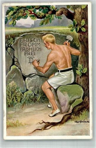 1927 Frisch, Fromm, Fröhlich, Frei in den Stein gemeißelt sign. Grimm Gg.