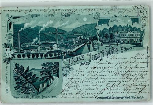 Pawlowitzke Pawlowiczki 1899 Karte beschädigt Josefihütte Hüttengasthaus Wegpartie nach Hochofen-Bruck und Hammer Lithographie/Mondschein
