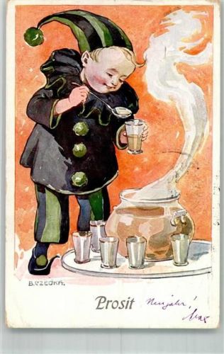 sign. B. Czegka Neujahr Punsch Kind als Pierrot