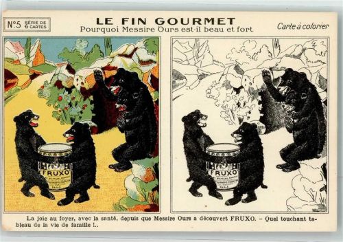 Nr. 5 Serie de 6 Cartes Bären vermenschlicht mit Fruxo Honig Ausmalkarte