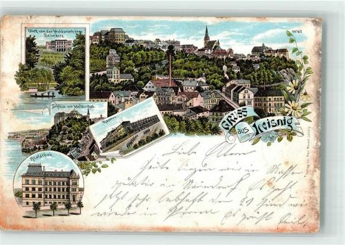 Leisnig 1898 Realschule Kaserne Schloß Lithographie