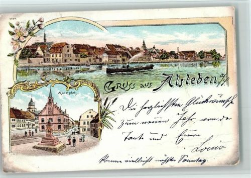 Alsleben Gruss aus - Marktplatz , Schiff und Häuser am Wasser AK Gute Erhaltung