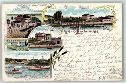 Lindaunis 1899 Gasthaus am Bahnhof Schleibrücke Ruderboot Schiff Raddampfer Eisenbahn Lok Fahne Schilf Seerosen Gruss Lithographie Bahnpost Kiel Felnsburg