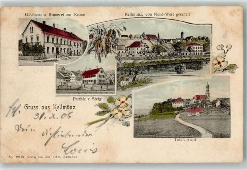 89293 W7919 Kellmünz a d Iller 1890 - Gasthaus Brauerei zur Krone Kirche Blumen Gruss