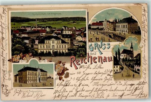 Reichenau i. Sachsen 1900 Kirchenschule mit Umgebung Phönix Ev. Kirche Königl. Amtsgericht Gebrauchsspuren